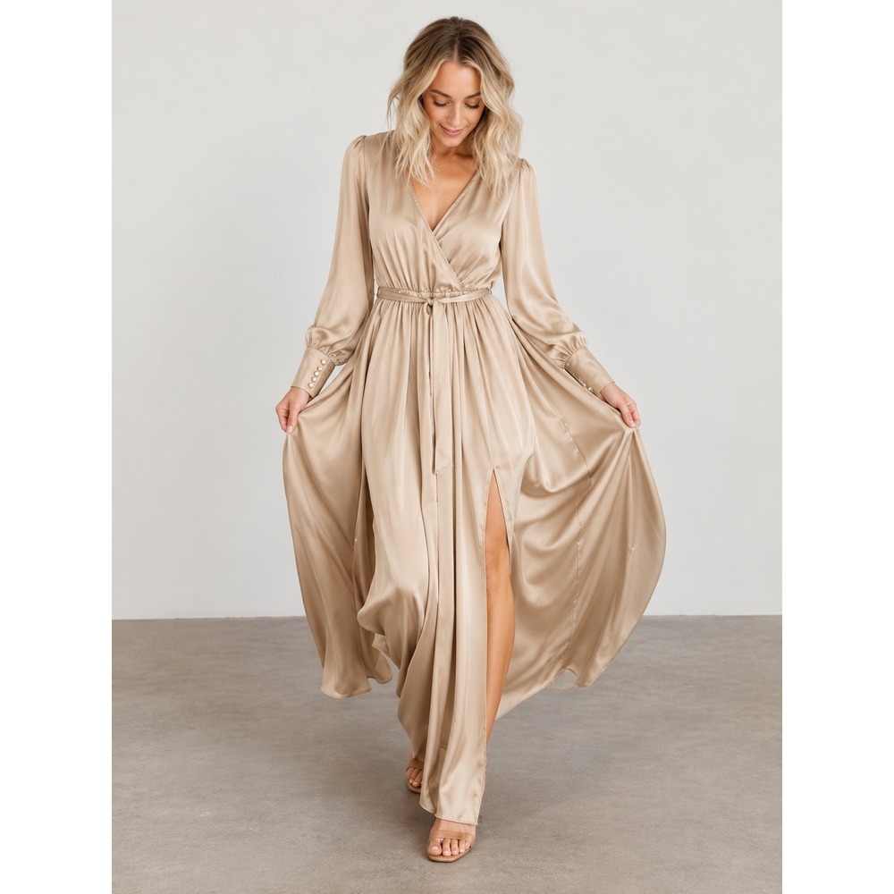Baltic Born Jenna Satin Maxi Dress Champagne S NWT Long Sleeve Belted